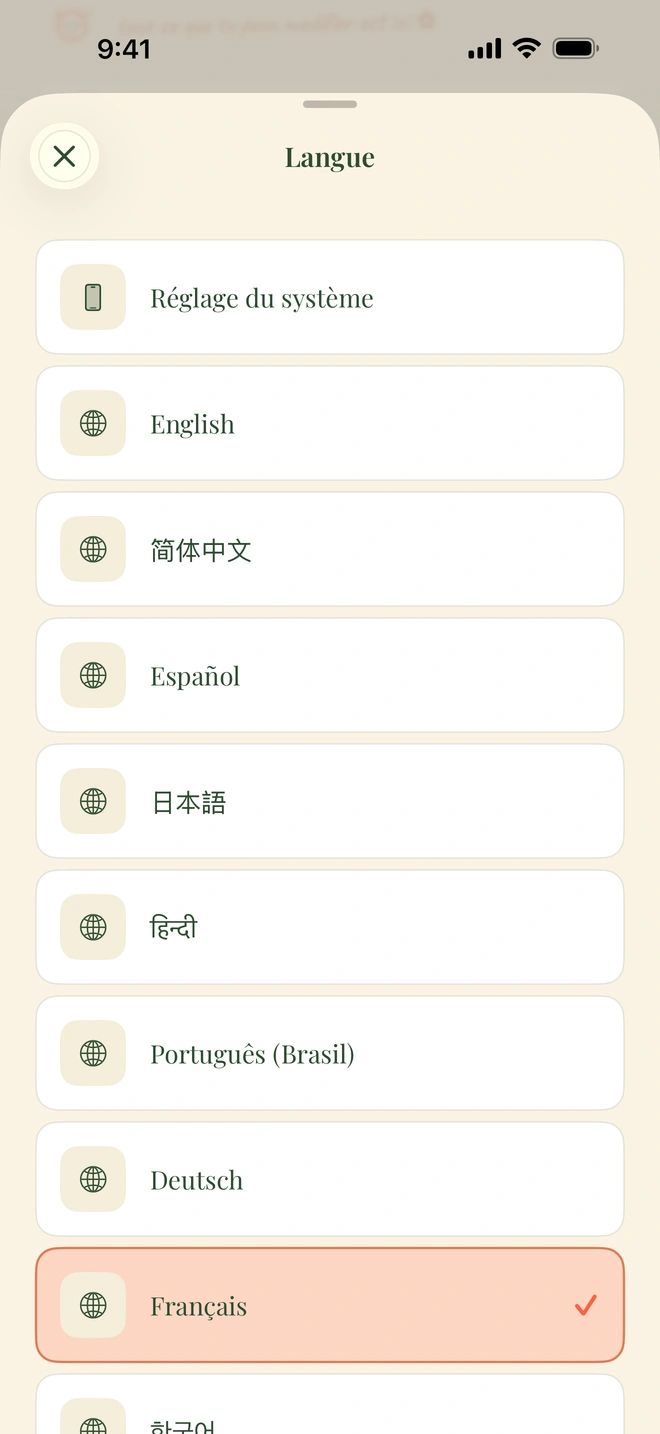 Le sélecteur de langue dans l’app avec English, Español, فارسی, العربية, हिन्दी et 简体中文