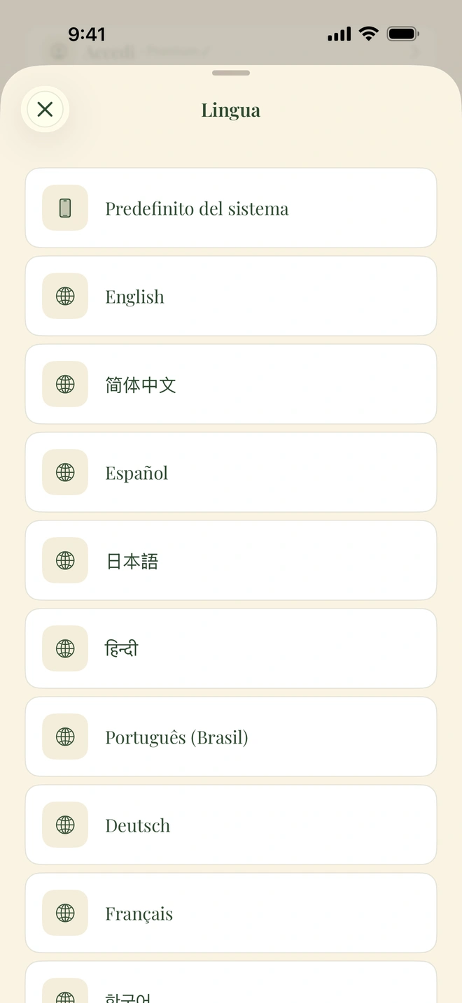 Il selettore della lingua nell’app con English, Español, فارسی, العربية, हिन्दी e 简体中文