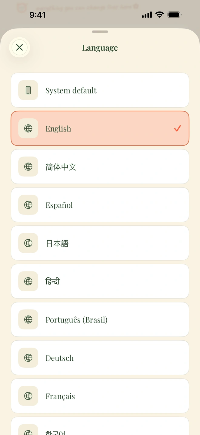 ایپ کے اندر زبان کا پکر جس میں English، Español، فارسی، العربية، हिन्दी اور 简体中文 دکھ رہے ہیں