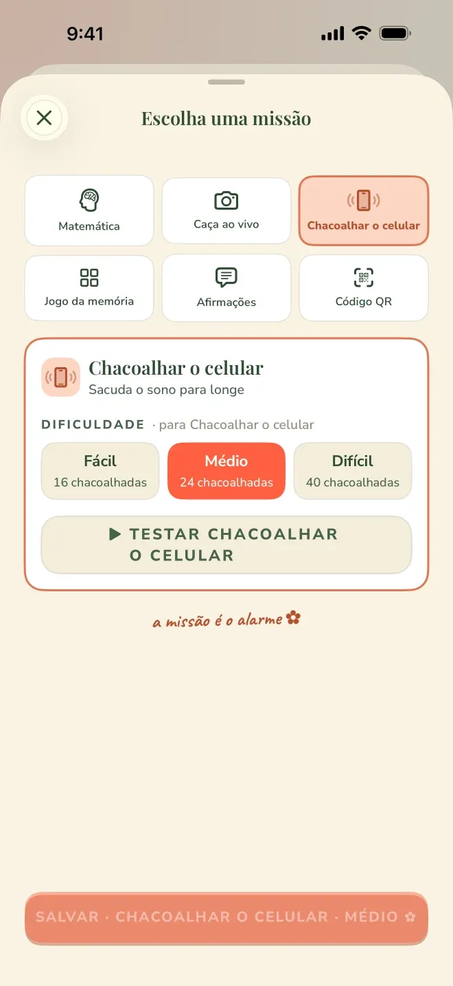 Tela de escolha de missão do Wake Boom em português: seis missões — Matemática, Caça ao vivo, Chacoalhar o celular, Jogo da memória, Afirmações e Código QR — e três níveis de dificuldade para a missão escolhida.