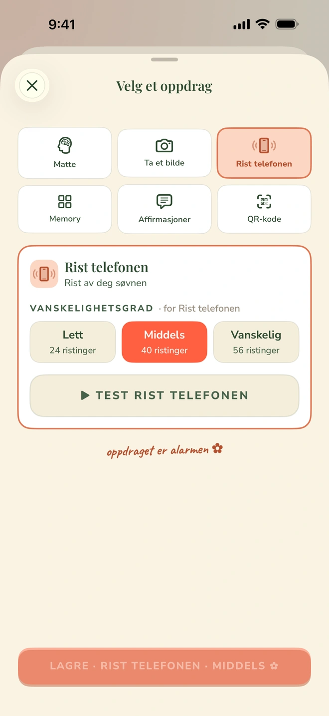 Oppdragsvelgeren med Matte, Live-jakt, QR-kode, Rist telefonen, Memory og Affirmasjoner