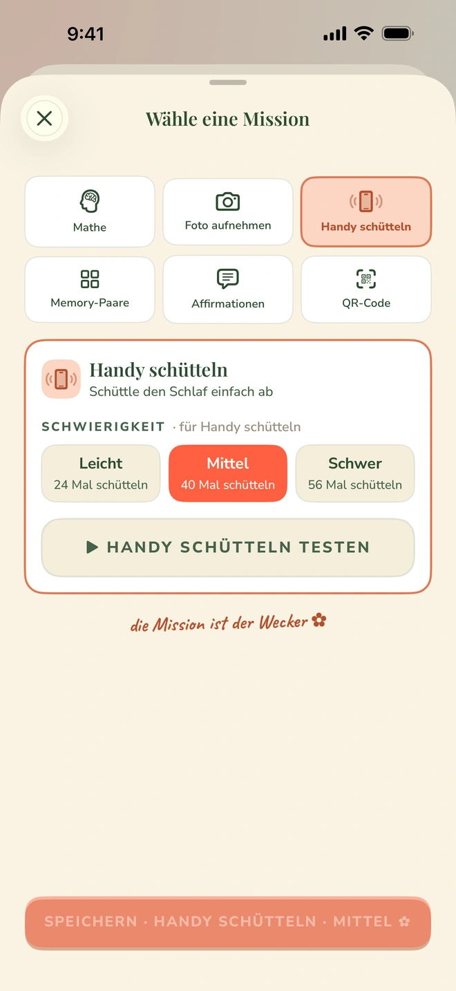 Die Missions-Auswahl mit Mathe, Live-Jagd, QR-Code, Handy schütteln, Memory-Paare und Affirmationen