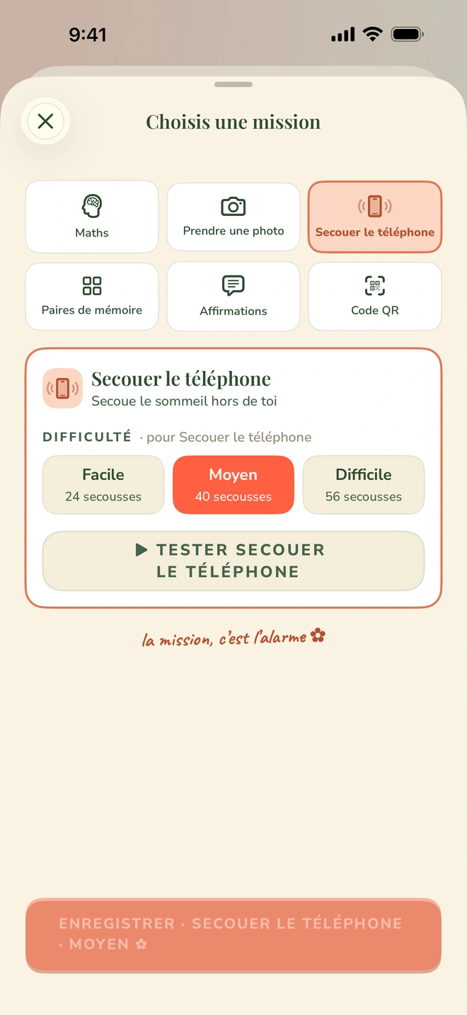 Le sélecteur de missions avec Maths, Chasse en direct, Code QR, Secouer le téléphone, Paires de mémoire et Affirmations