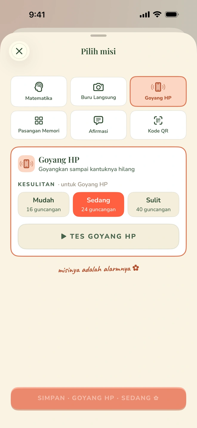 Pemilih misi dengan Matematika, Buru Langsung, Kode QR, Goyang HP, Pasangan Memori, dan Afirmasi