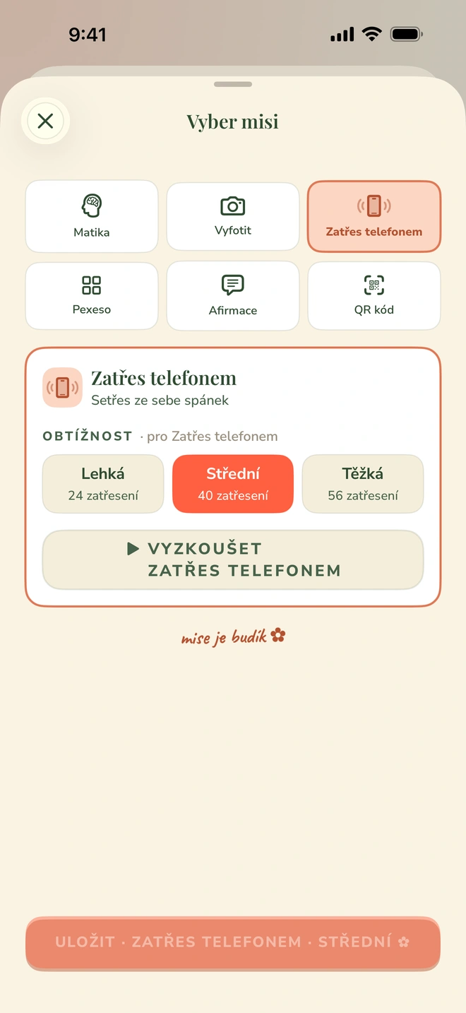 Výběr mise s možnostmi Matika, Lov naživo, QR kód, Zatřes telefonem, Pexeso a Afirmace