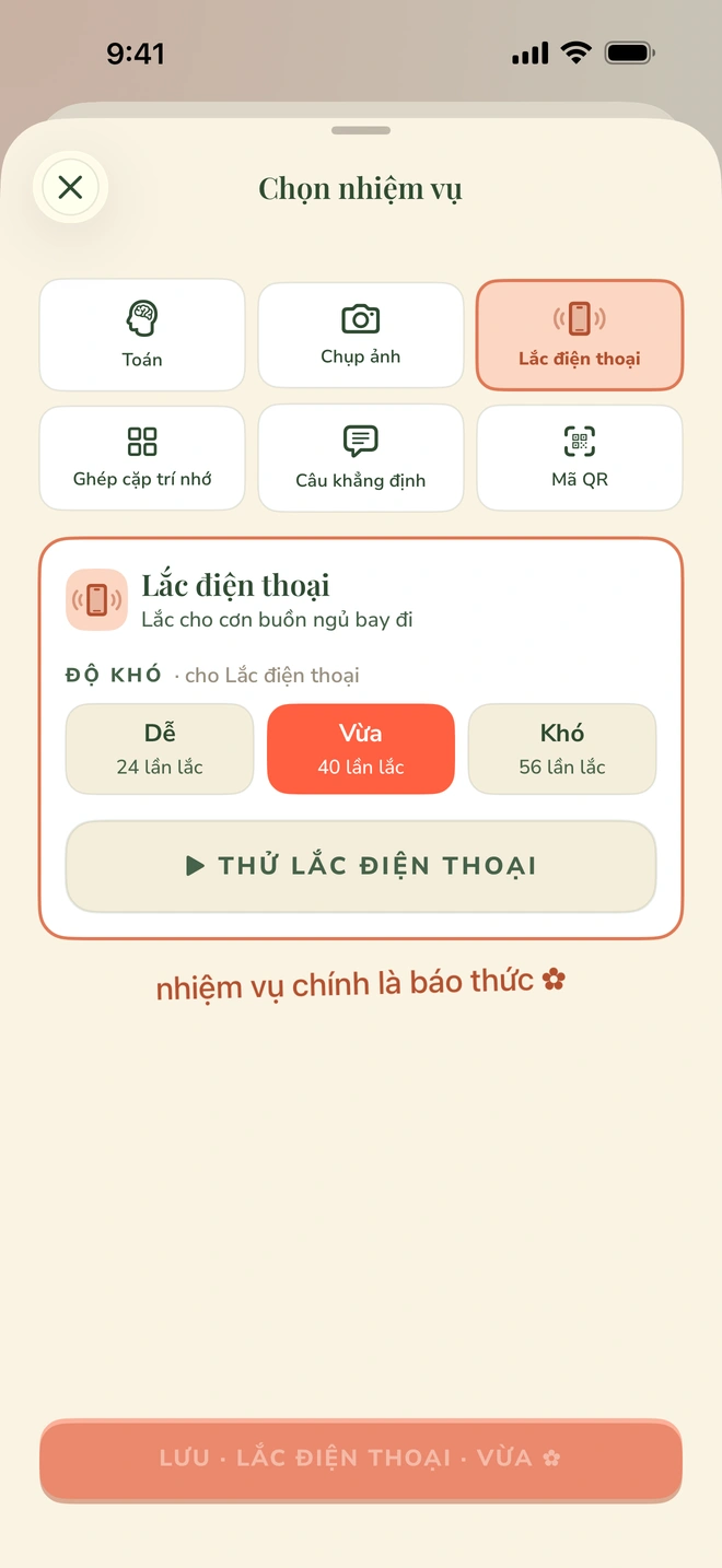 Màn hình chọn nhiệm vụ với Toán, Săn trực tiếp, Mã QR, Lắc điện thoại, Ghép cặp trí nhớ và Câu khẳng định