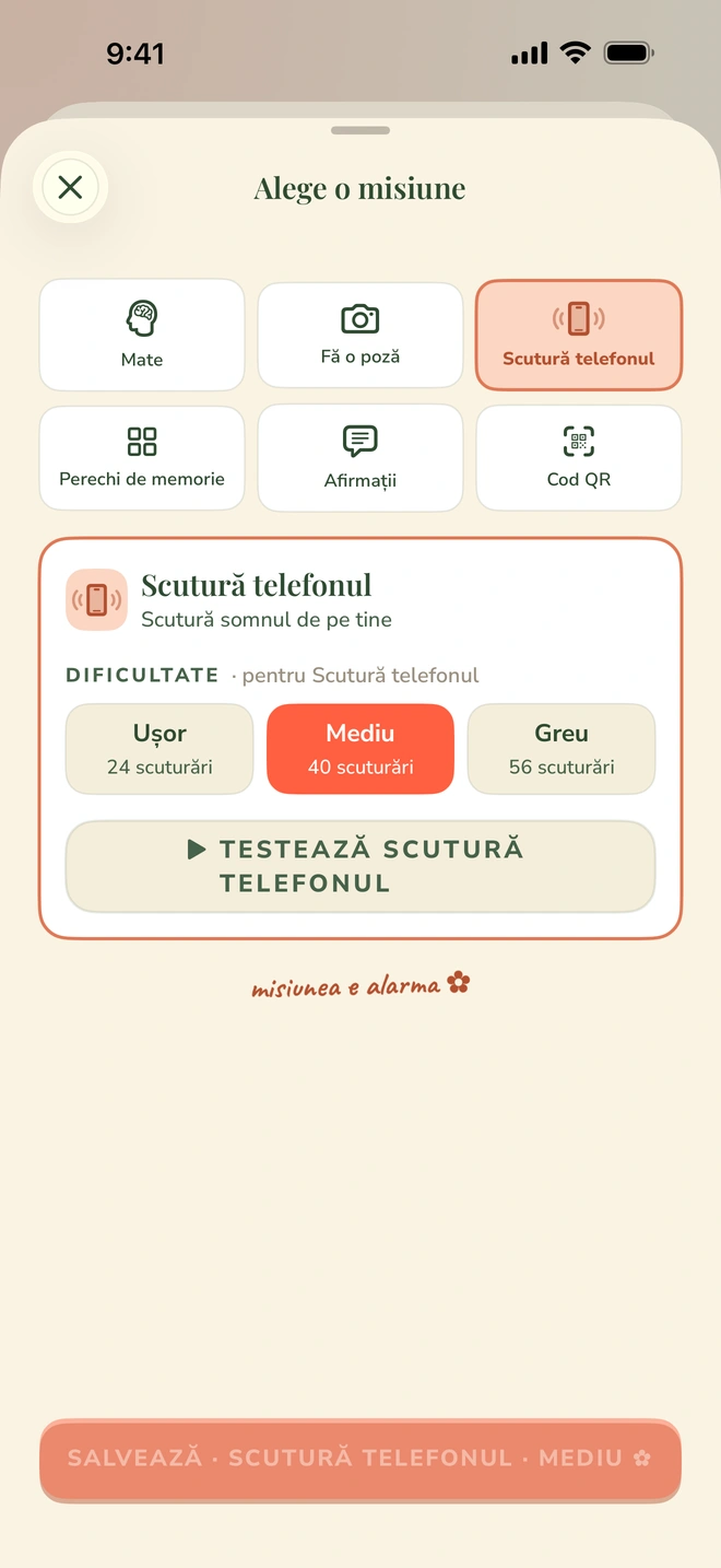 Selectorul de misiuni cu Mate, Vânătoare live, Cod QR, Scutură telefonul, Perechi de memorie și Afirmații