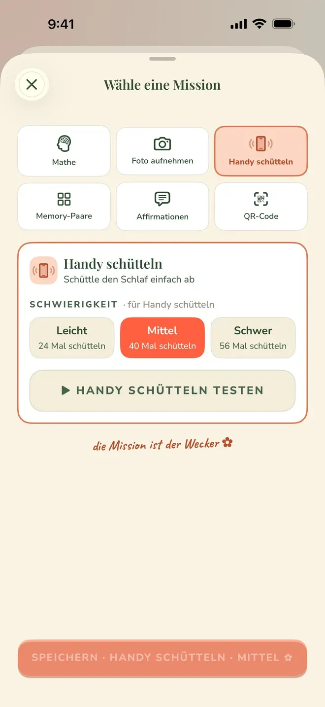 Die Missionsauswahl der App: sechs Missionen zur Wahl, darunter für „Handy schütteln“ die drei Schwierigkeitsstufen Leicht, Mittel und Schwer, jeweils mit der Zahl der nötigen Schüttelbewegungen