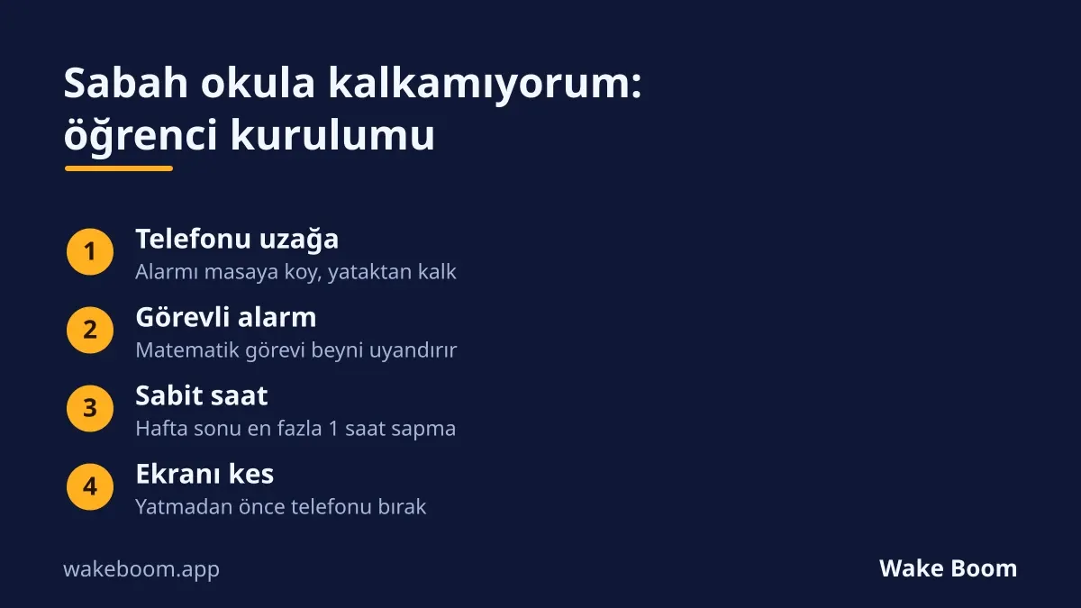 Okula kalkmak için öğrenci kurulumu: telefonu uzağa, görevli alarm, sabit saat, ekranı kes.