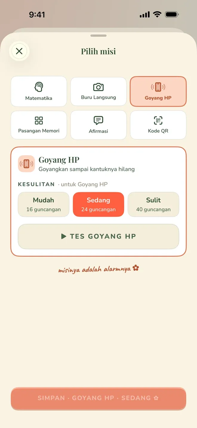 Layar pemilih misi Wake Boom dalam bahasa Indonesia: enam kartu misi — Matematika, Buru Langsung, Goyang HP, Pasangan Memori, Afirmasi, dan Kode QR — dengan tiga tingkat kesulitan untuk misi yang sedang dipilih.