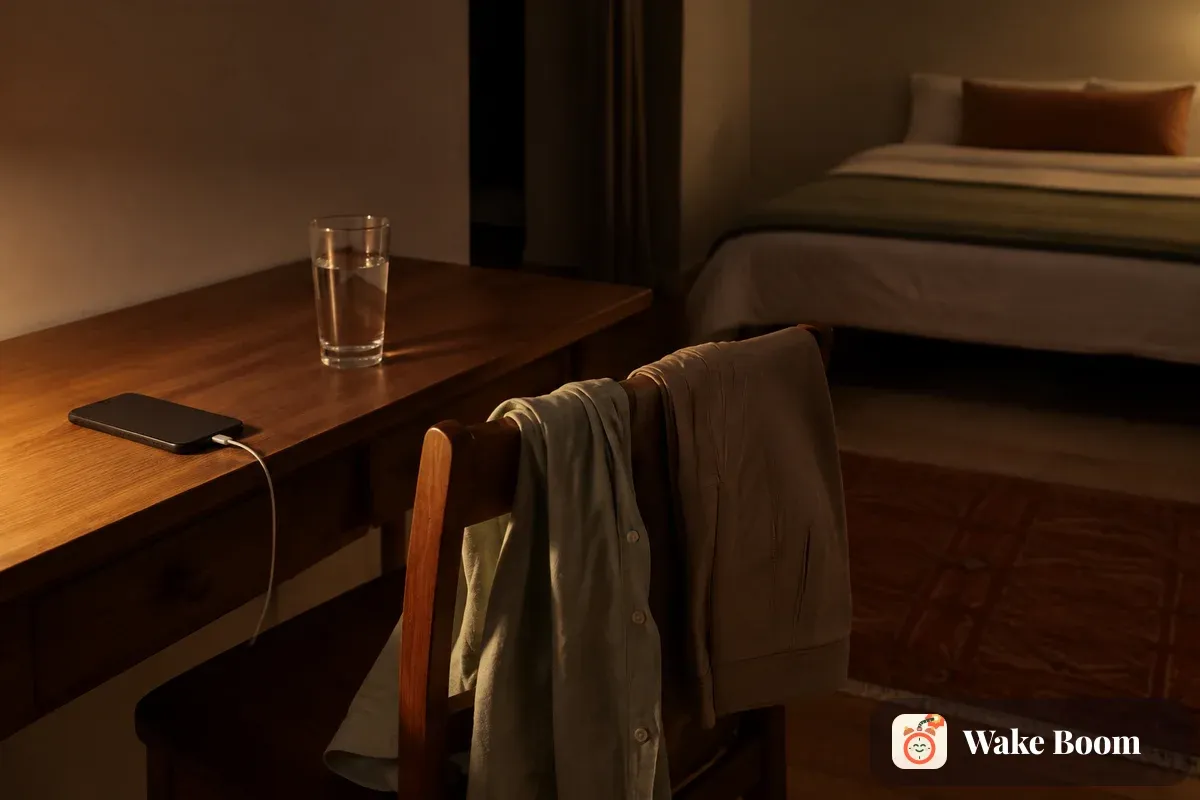 Persiapan malam sebelum tidur: baju tergantung di sandaran kursi, segelas air di meja kayu, dan HP terpasang ke charger jauh dari kasur.
