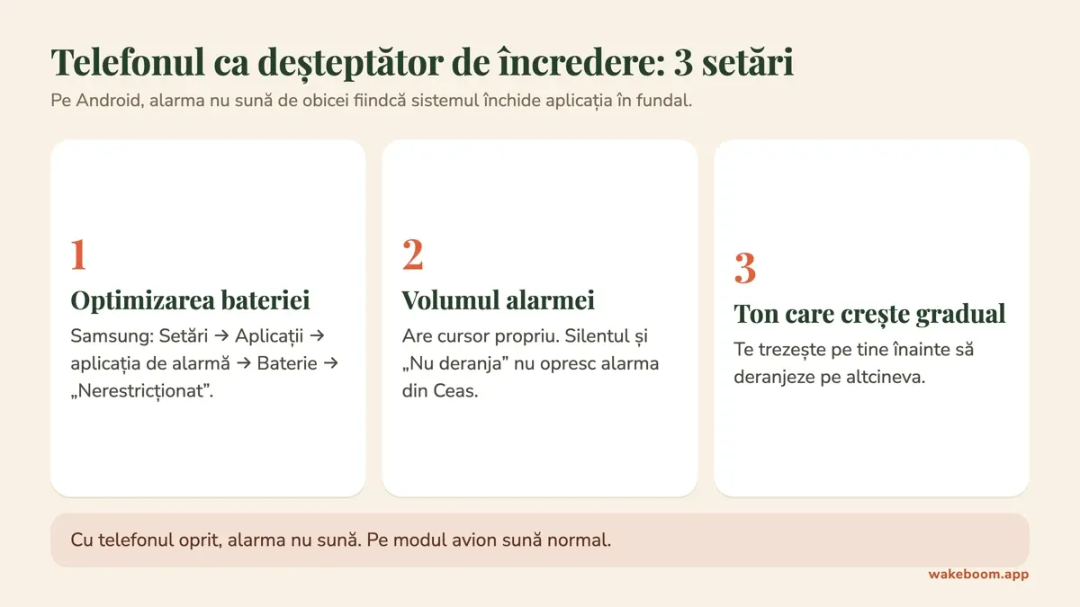 Trei setări care fac telefonul un deșteptător de încredere: optimizarea bateriei, volumul alarmei și tonul crescător