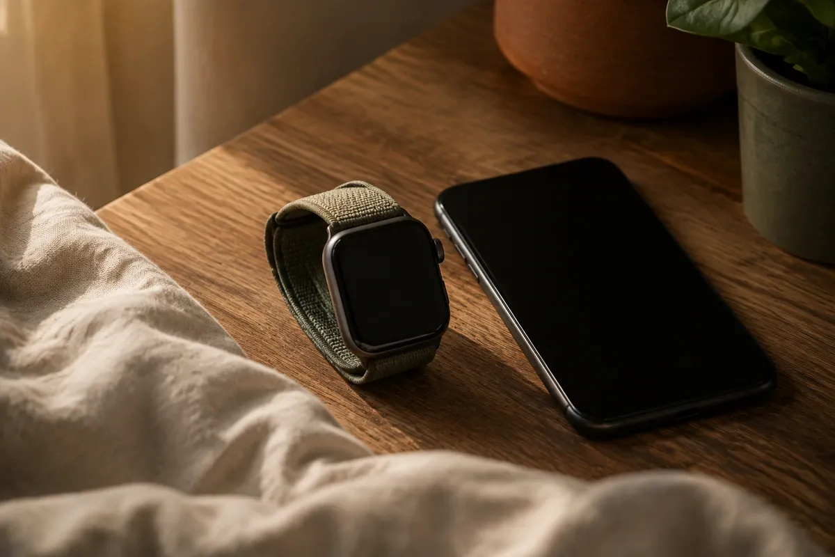 Relógio inteligente com pulseira de tecido e um celular lado a lado sobre a mesa de cabeceira ao amanhecer, os dois com a tela apagada.