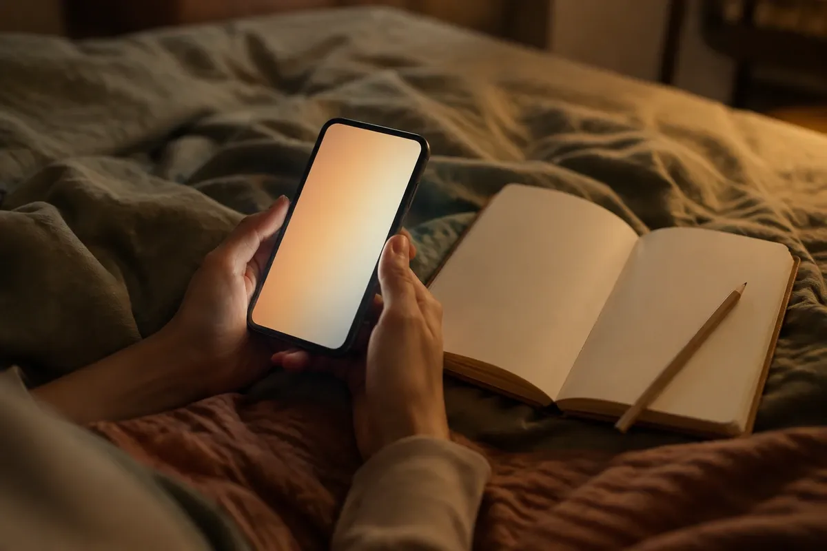 Celular sobre a mesa de cabeceira à noite, com a tela mostrando uma lista de rotinas agendadas e uma anotação a lápis ao lado.