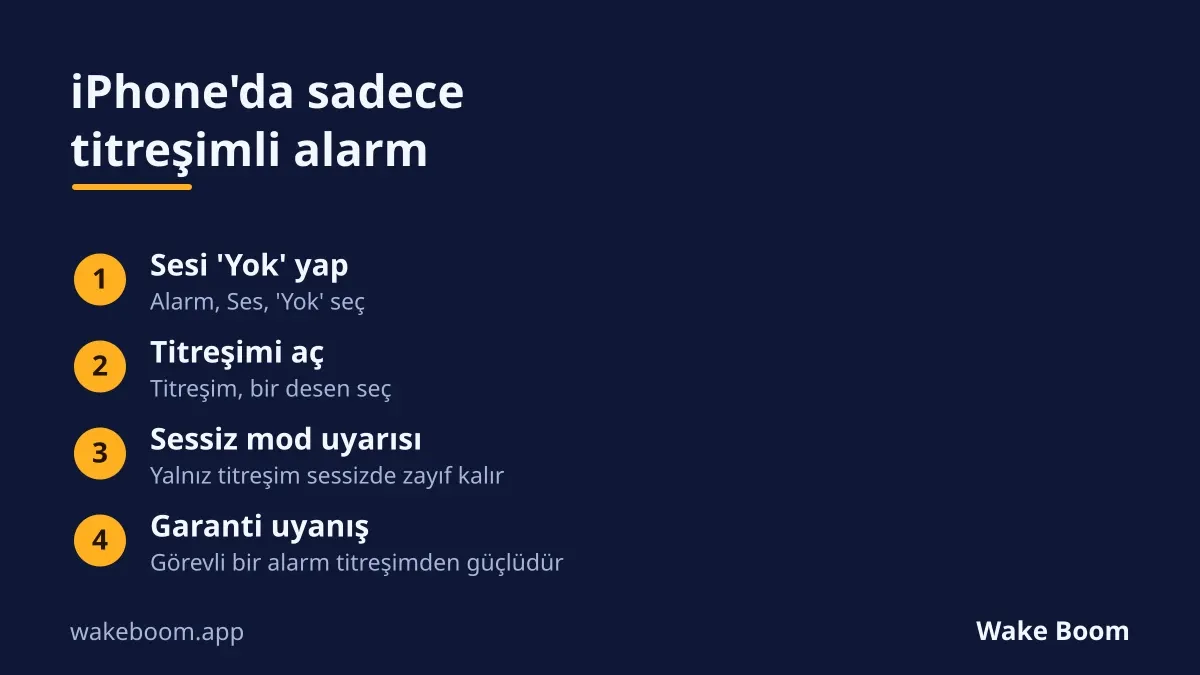 iPhone’da sadece titreşimli alarm kurma adımları ve uyarısı.