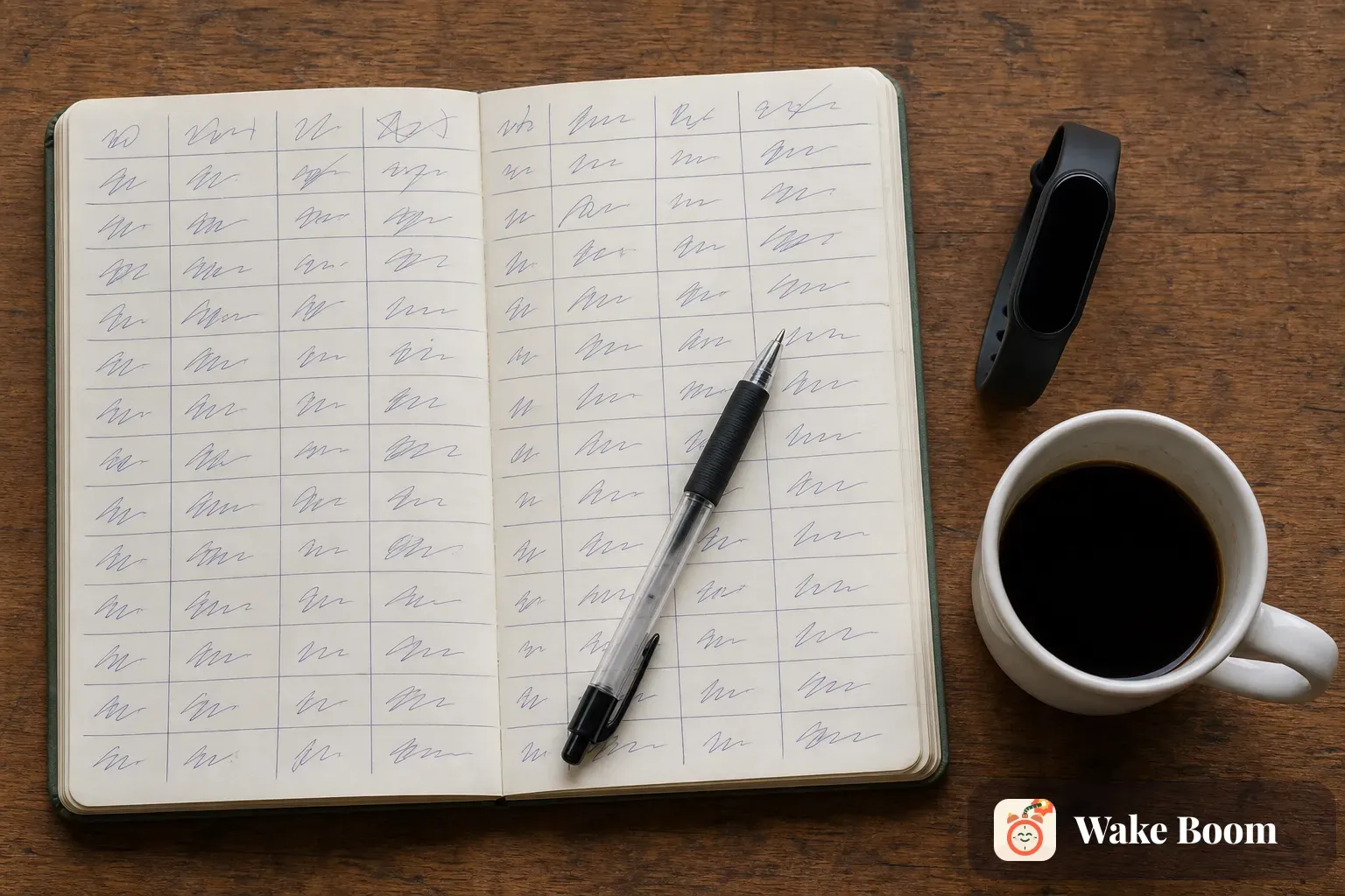An overhead view of a handwritten sleep log beside a pen, an activity tracker and a mug of coffee