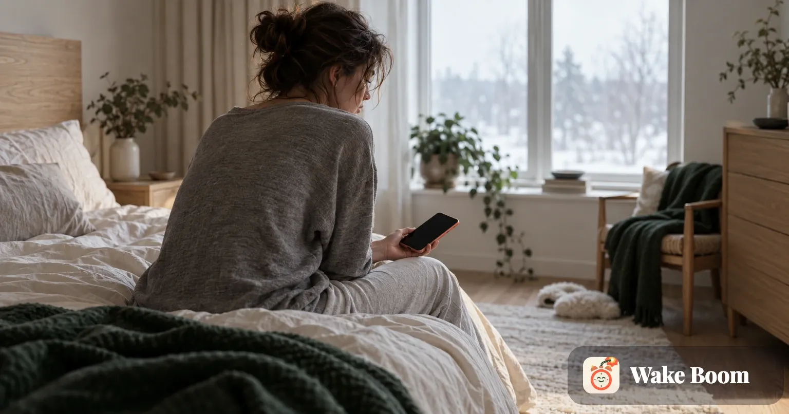 En person sitter på sengekanten om morgenen med telefonen løst i hånden