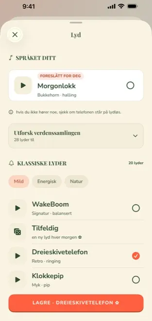 Wake Booms lydvalg på norsk med en foreslått norsk alarmlyd øverst
