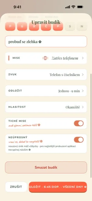 Editace budíku ve Wake Boom česky s řádkem hlasitosti nastaveným na „Okamžitě“