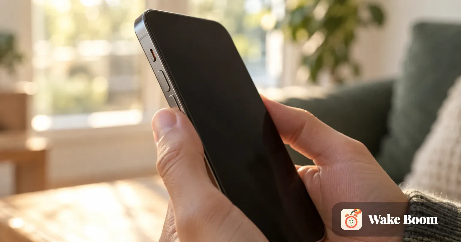 Ruka drží telefon za boky tak, že je vidět malý postranní přepínač, displej je tmavý
