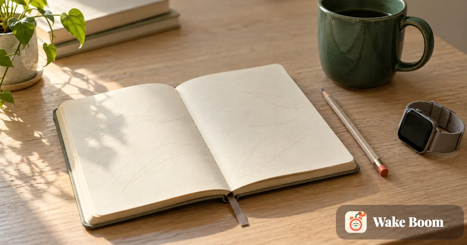 An open handwritten notebook on a desk beside a pencil, a mug and a wristwatch