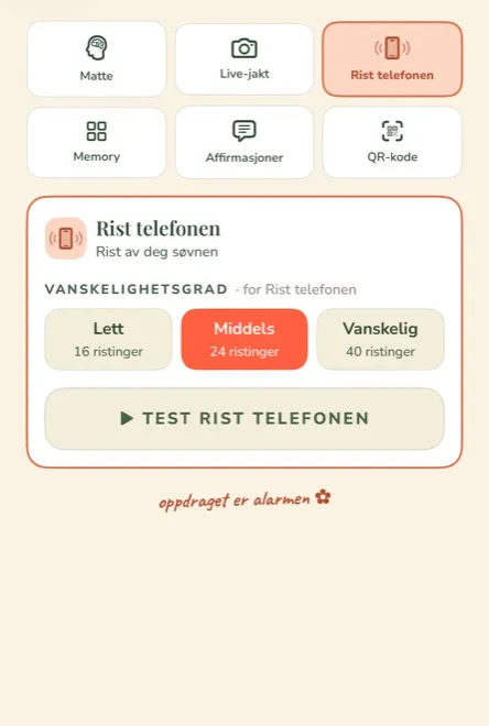 Wake Booms oppdragsvelger på norsk med seks oppdragstyper og tre vanskelighetsgrader