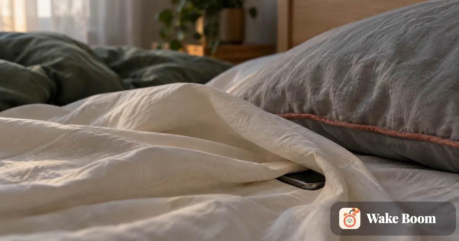 En telefon stukket inn under et brettet laken ved siden av puten