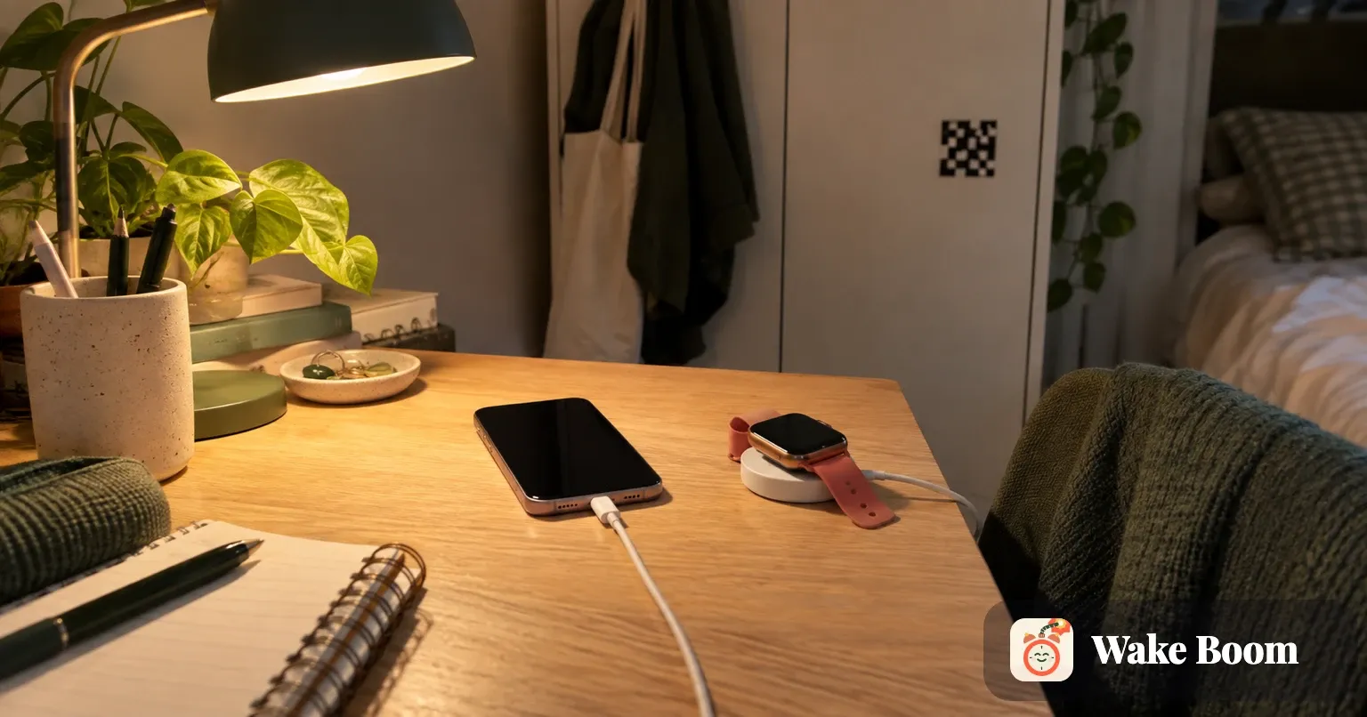 Telefon og smartklokke står til lading på et skrivebord, med et lite kodeklistremerke på skapdøra bak