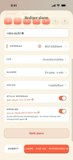 Wake Booms alarmredigering på norsk med lydraden og «Stille oppdrag» slått på