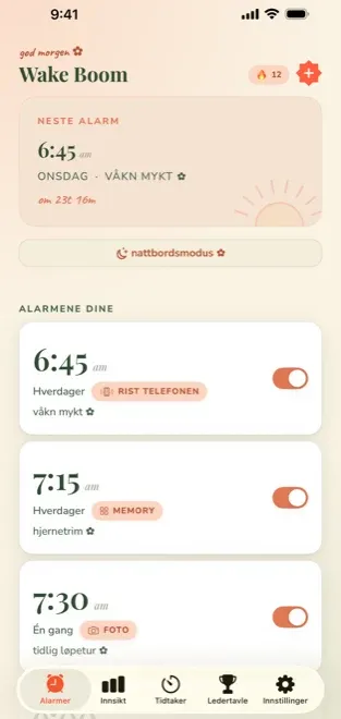 Wake Booms alarmliste på norsk der hver alarm har sitt eget oppdrag