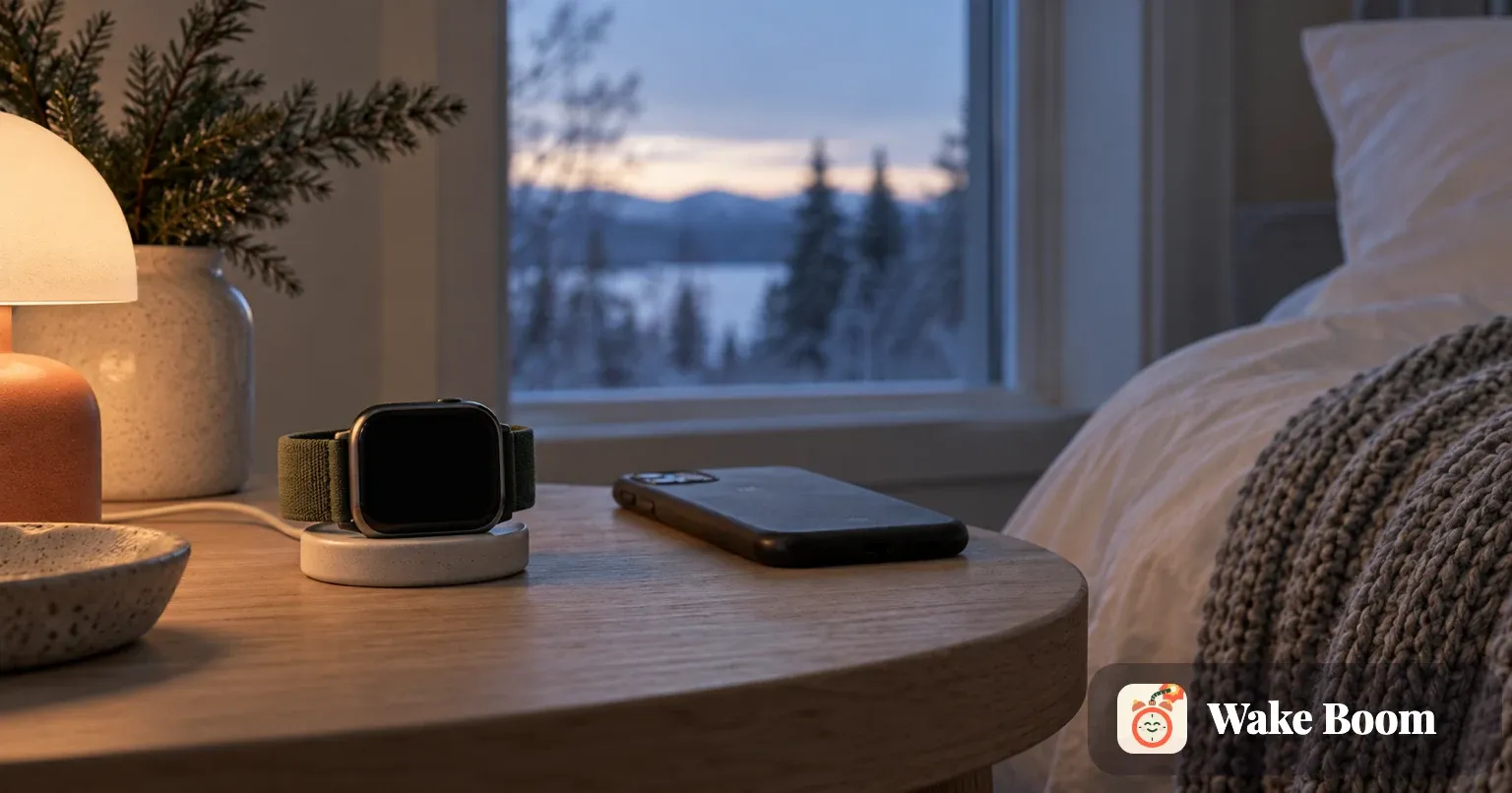Smartklokke i lader ved siden av en telefon på et nattbord under en nordisk vintermorgen