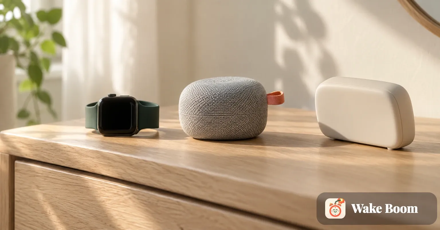 En smartklokke, en liten bluetooth-høyttaler og en frittstående digital vekkerklokke står på rad på en kommode i morgenlys