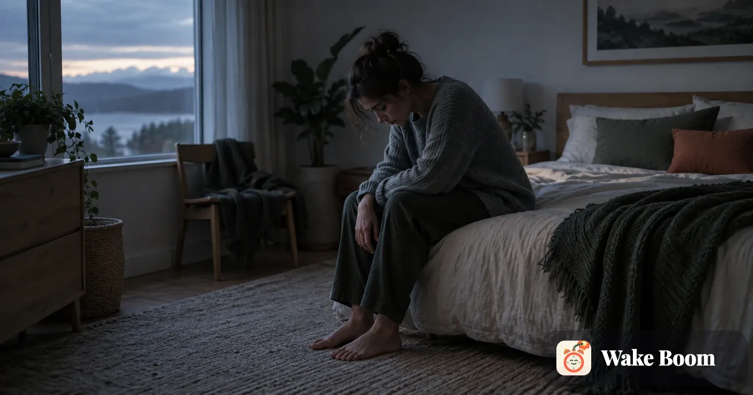 En person sitter på sengekanten i det blågrå lyset før soloppgang med hodet bøyd