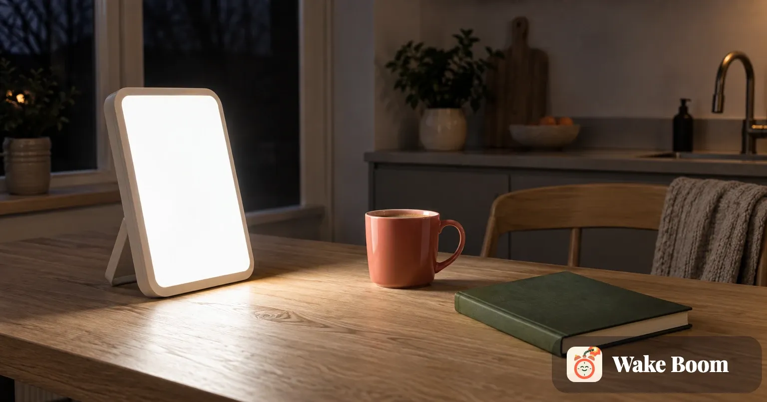 En dagslyslampe står tent på et kjøkkenbord ved siden av en kaffekopp en mørk vintermorgen