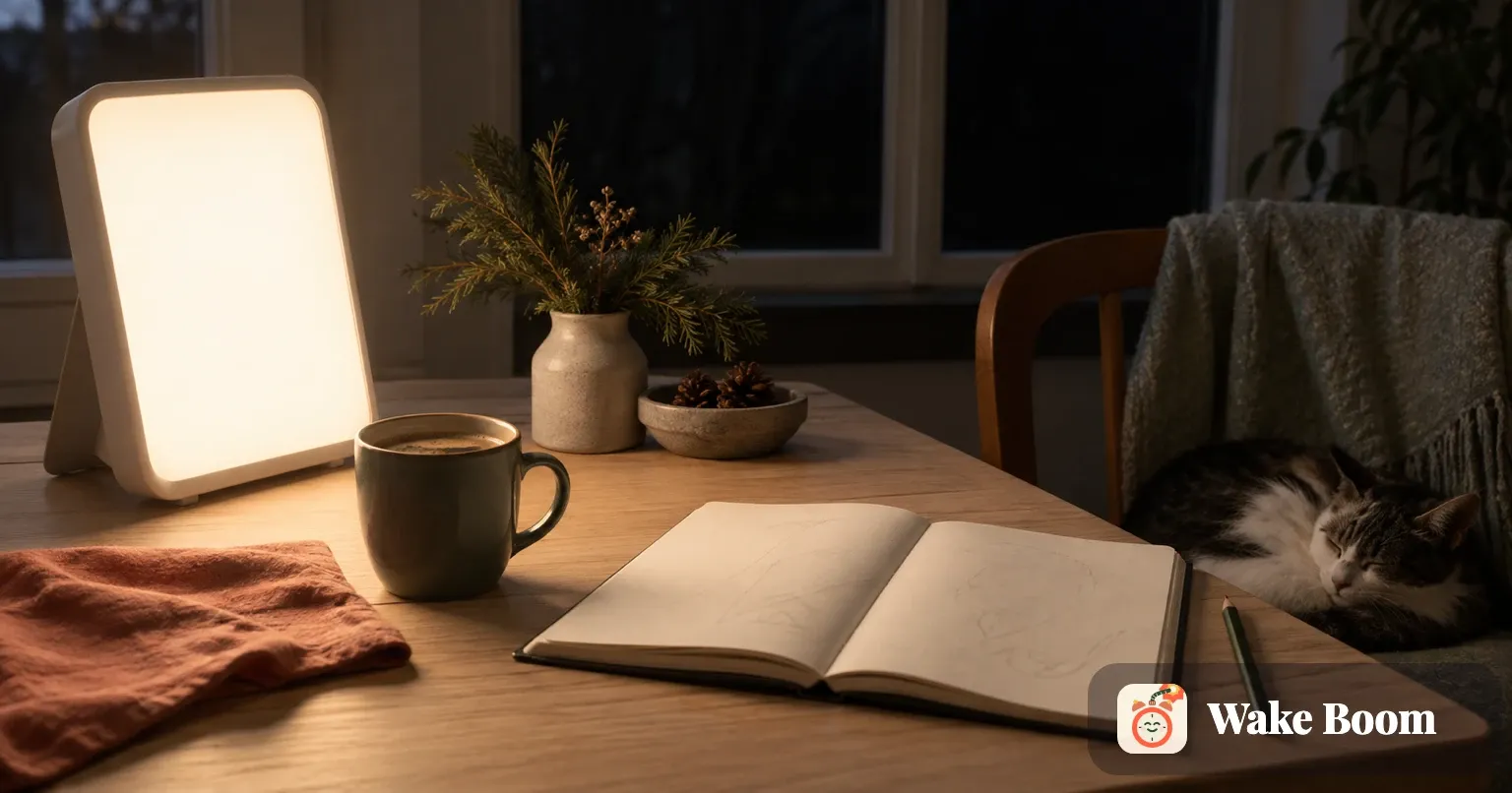 En dagslyslampe står tent på et frokostbord ved siden av en kaffekopp og en åpen notatbok en mørk vintermorgen
