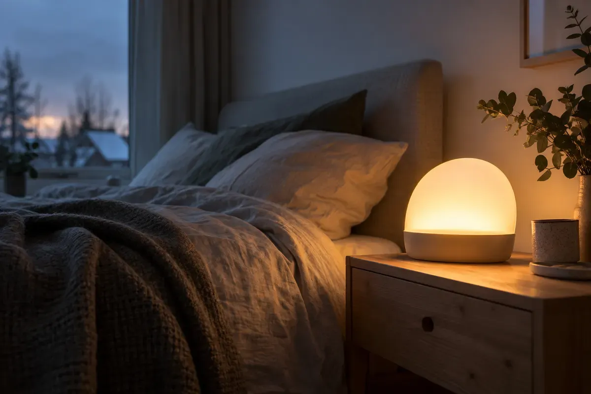 Tageslichtwecker leuchtet in einem dunklen Wintermorgen auf dem Nachttisch