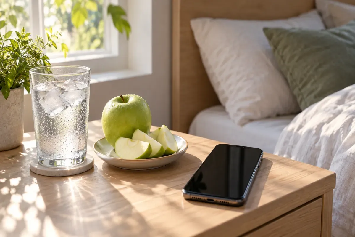 Elementos para despertar mejor: agua fría, fruta crujiente, luz natural y móvil con alarma