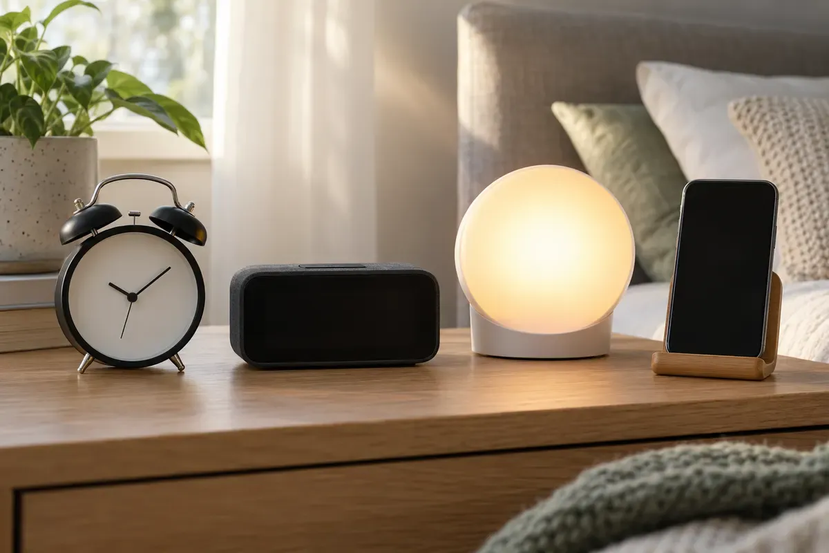 Ulike typer vekkerklokker side om side: analog med bjelle, digital, wake up light og telefon