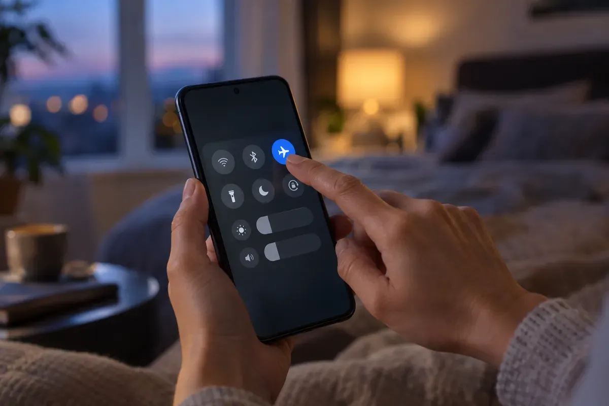 Hand aktiviert den Flugmodus in den Schnelleinstellungen eines Smartphones am Abend