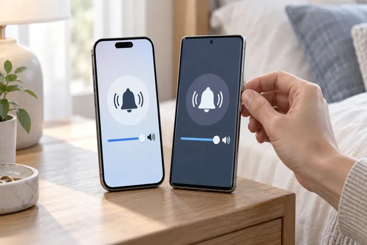 So sánh màn hình chỉnh âm lượng báo thức trên iPhone và Android