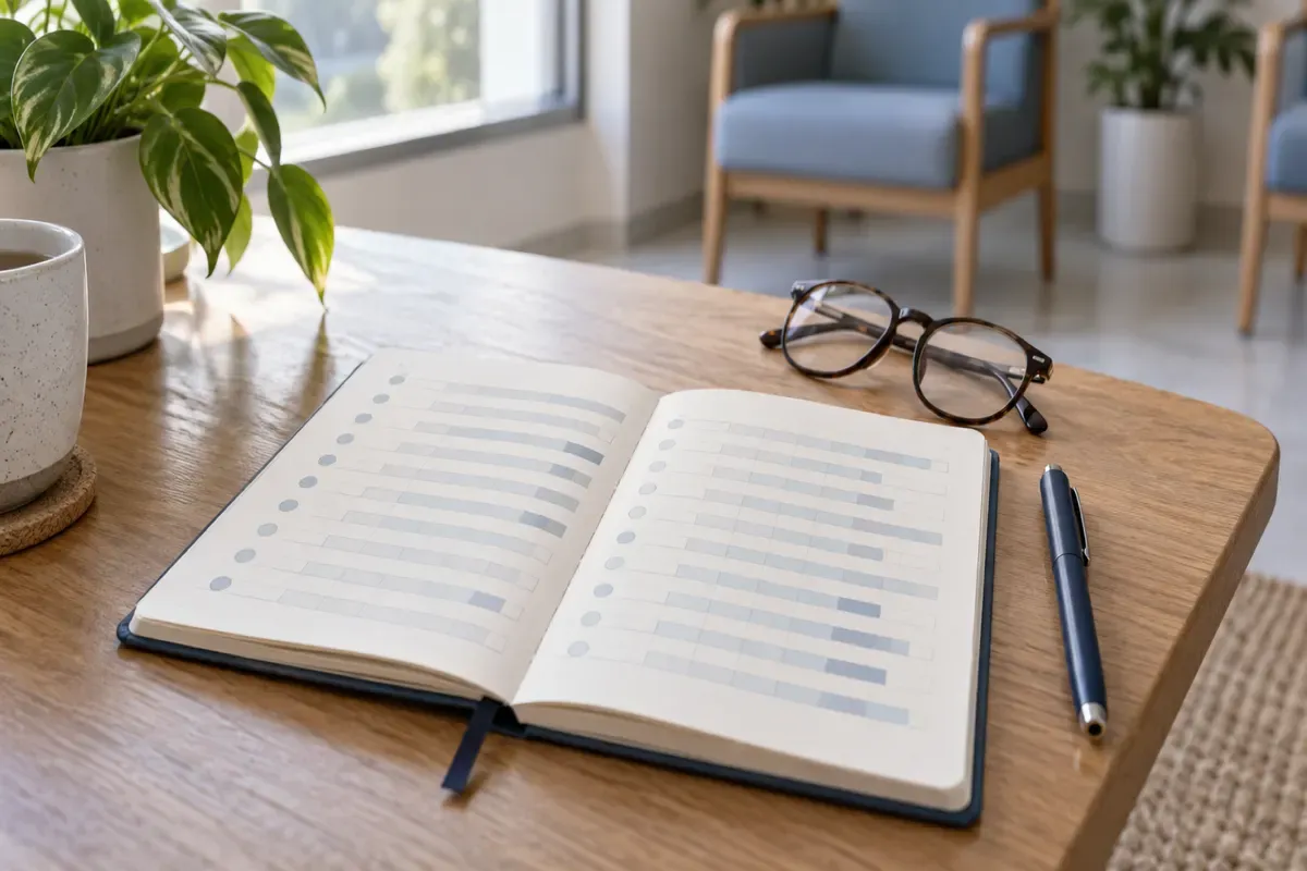 Carnet de suivi du sommeil posé sur une table avant une consultation