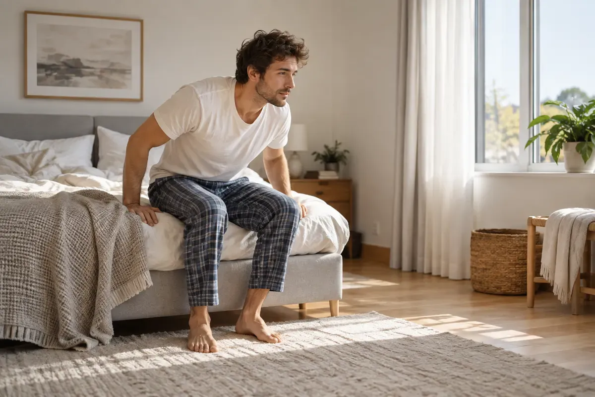 Person sitzt am Bettrand und steht am Morgen auf