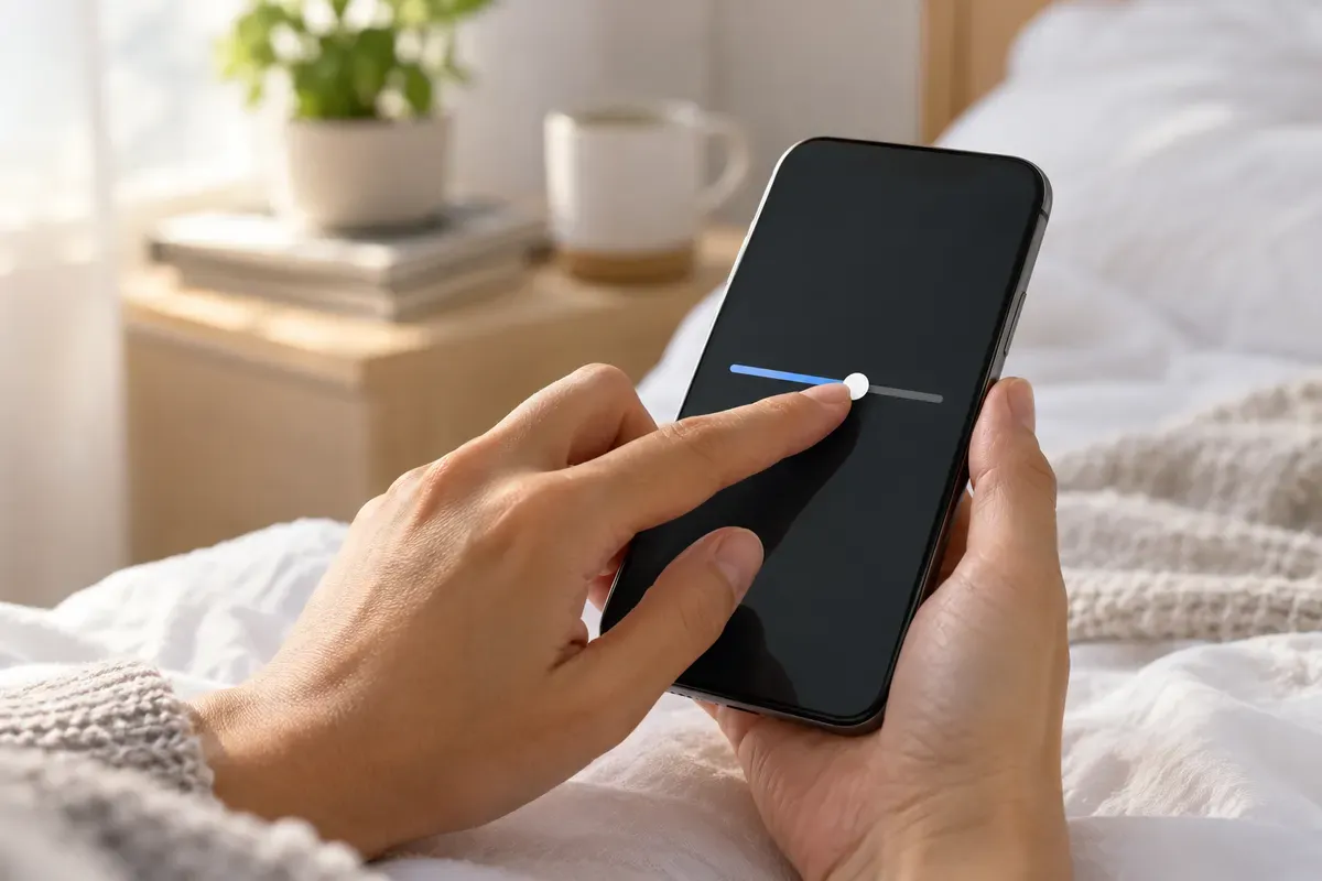 Mano che regola il cursore del volume della sveglia sullo schermo dello smartphone