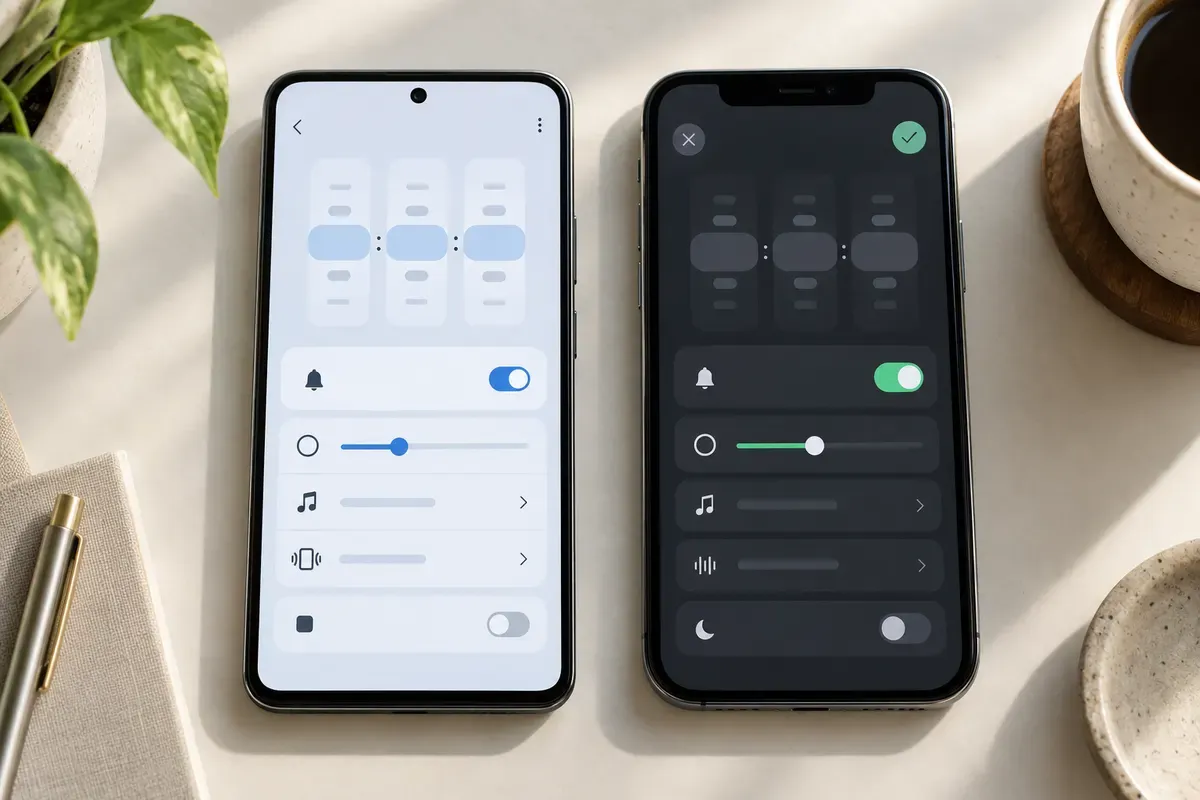 Dos móviles comparando la pantalla de crear alarma en Android y en iPhone