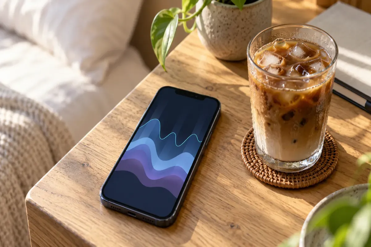 Điện thoại hiển thị biểu đồ chu kỳ giấc ngủ bên ly cà phê sữa đá buổi sáng