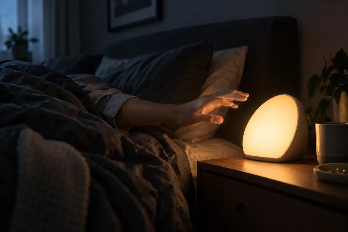 Hand greift im dunklen Schlafzimmer nach einem leuchtenden Lichtwecker