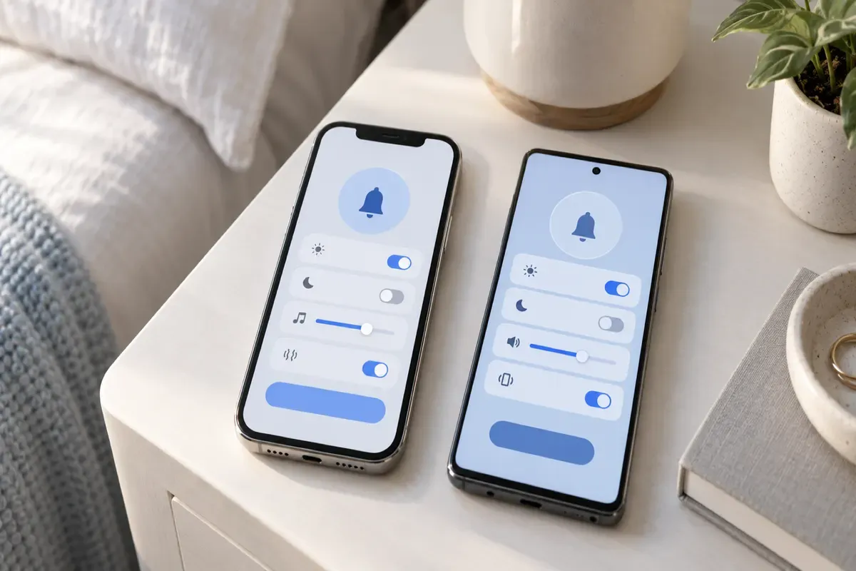 Два смартфони поруч показують екрани створення будильника на iPhone та Android