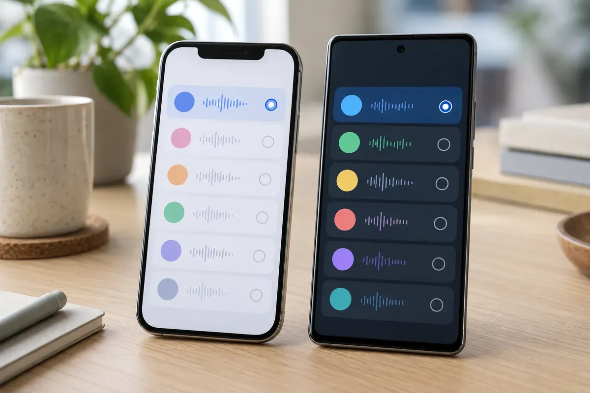 Экраны выбора мелодии будильника на iPhone и Android рядом