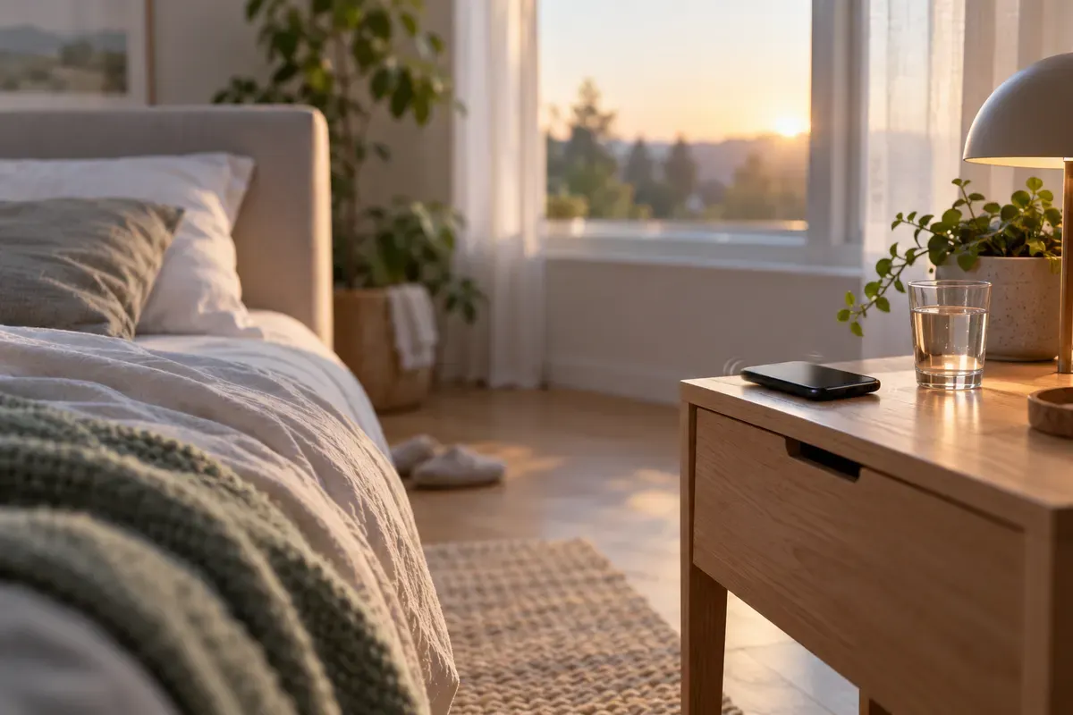 Téléphone posé loin du lit sur une table de nuit avec un verre d’eau, alarme du matin