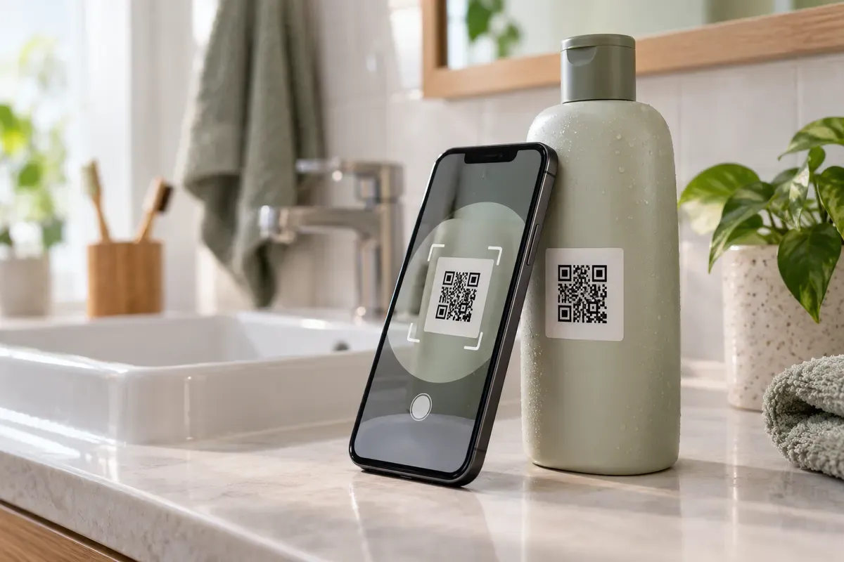 Smartphone appoggiato a un flacone di shampoo per la missione con codice QR